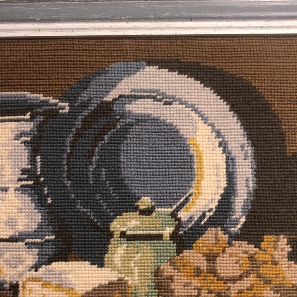 Tapestry Needlepoint still life/bread/cheese/lighted candle/peuter pitcher&plate - Picture 4 of 12